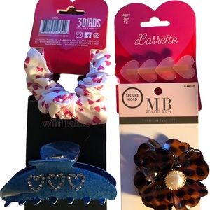 Hair, barrettes, and scrunchie